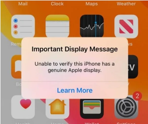 Pranešimas „Important Display Message“ iPhone ekrane