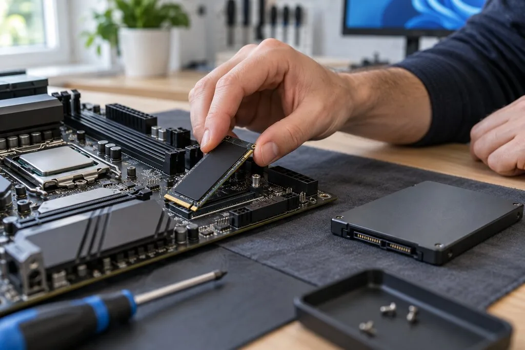 Technician installing an M.2 NVMe SSD into a motherboard next to a 2.5-inch SATA SSD