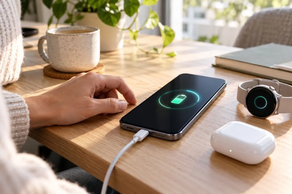 Išmanusis telefonas kraunamas USB-C laidu šalia išmaniojo laikrodžio ir belaidžių ausinių