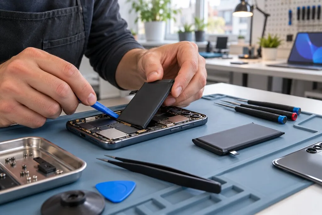 Technician replacing a smartphone battery – new EU requirements for phone batteries in 2026