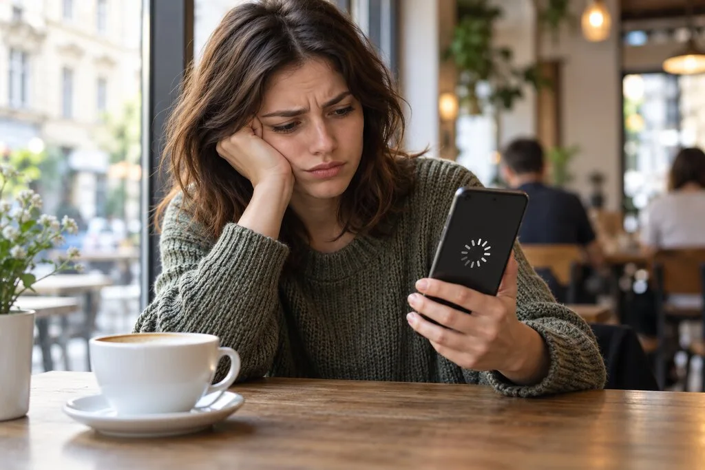 Moteris kavinėje žiūri į strigantį telefoną su įkėlimo ženklu ekrane
