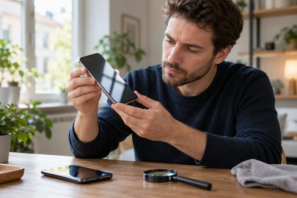 Vyras prieš pirkdamas atidžiai apžiūri naudoto telefono ekraną
